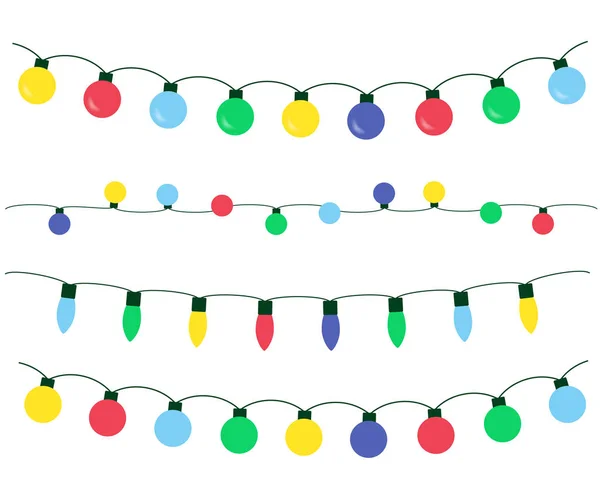 Conjunto vetorial de luzes de Natal de cores diferentes, isoladas em fundo branco - design plano — Vetor de Stock