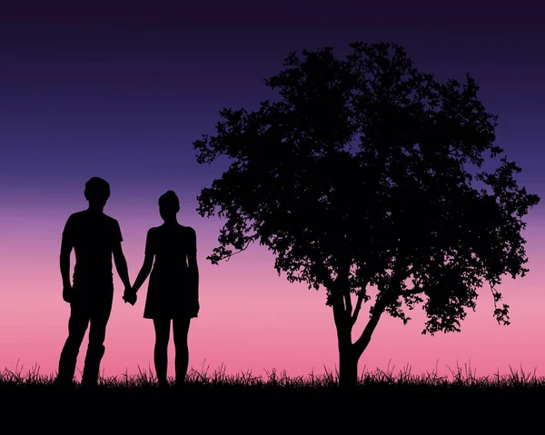 Realistische Darstellung der Silhouette eines geliebten Mannes und einer geliebten Frau bei einem romantischen Spaziergang durch eine Landschaft mit Bäumen unter blauem Himmel mit Sonnenaufgang - Vektor — Stockvektor
