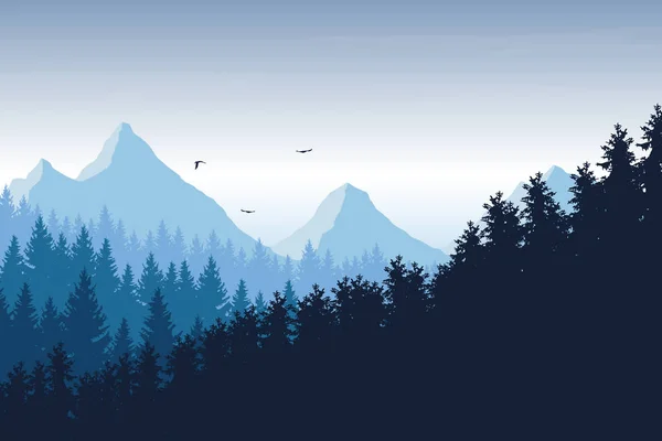 Vectorillustratie van berglandschap met bos onder de blauwe hemel met wolken en vliegende vogels, met ruimte voor tekst — Stockvector