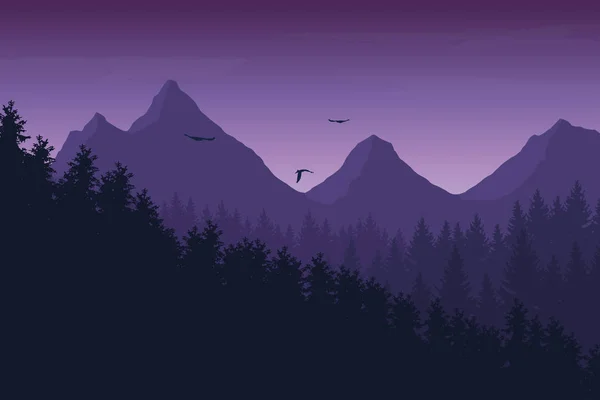 Illustration vectorielle du paysage de montagne avec forêt sous ciel nocturne violet avec nuages et oiseaux volants, avec espace pour le texte — Image vectorielle