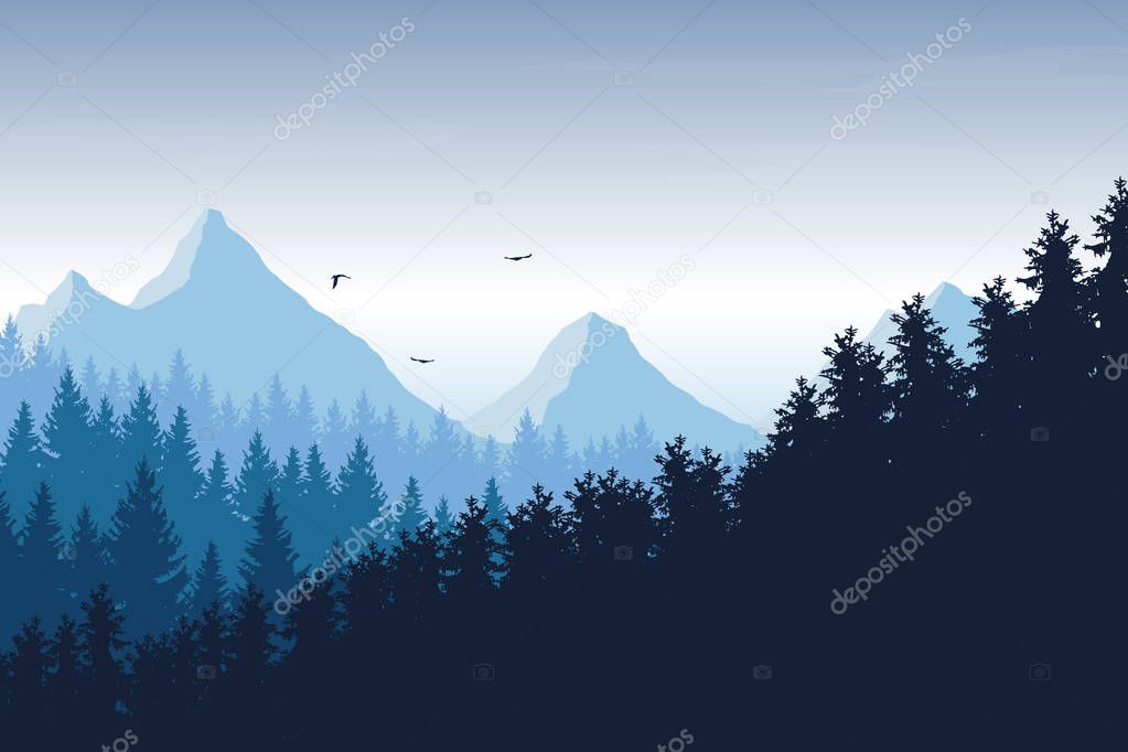 Vector illustration of mountain landscape with forest under blue sky with clouds and flying birds, with space for text