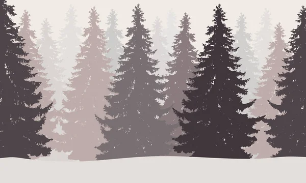 Illustration vectorielle d'une forêt hivernale avec neige et brouillard — Image vectorielle