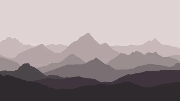 Vista panorámica del paisaje de montaña con niebla en el valle de abajo con el cielo gris alpenglow y fondo neblina - vector — Vector de stock