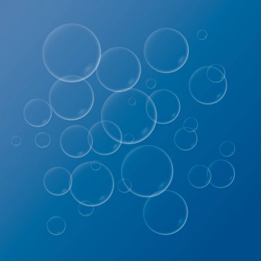 Sabun kabarcıkları ile mavi bir arka plan üzerinde izole yansıma kümesi vektör çizim