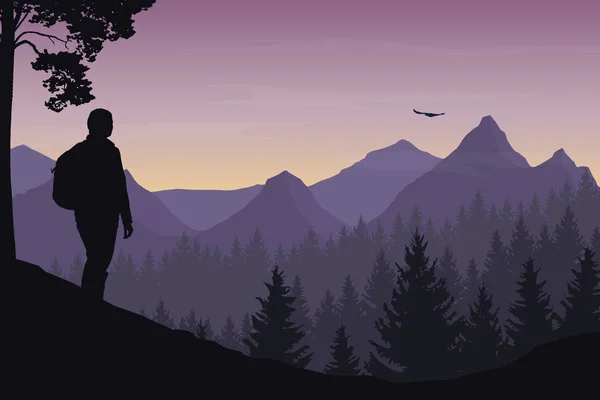 Ein Tourist, der durch eine Berglandschaft mit Wald wandert und einen fliegenden Vogel unter einem Morgenhimmel mit Morgendämmerung beobachtet - Vektor — Stockvektor