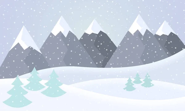 Ilustración de diseño plano vectorial de un paisaje nevado de montaña de invierno con colinas, árboles de coníferas y copos de nieve en un día de invierno bajo un cielo gris - adecuado para el saludo de Navidad — Archivo Imágenes Vectoriales