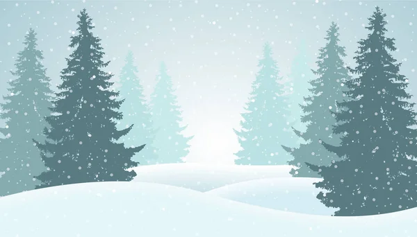 Ilustración vectorial del bosque de invierno con nieve y niebla, adecuada como tarjeta de felicitación de Navidad — Vector de stock