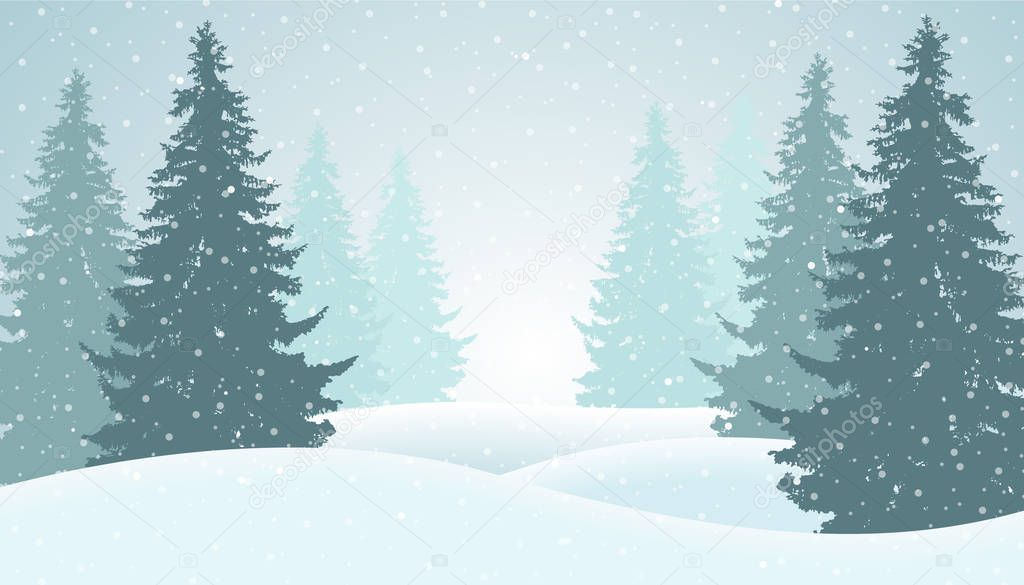Vector illustration of winter forest with snow and mist, suitable as Christmas greeting card