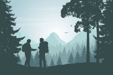 İki turist bir dağ ile yürüyüş manzara orman görünmenin bir yol haritası ile şafak - kış gökyüzü altında için vektör