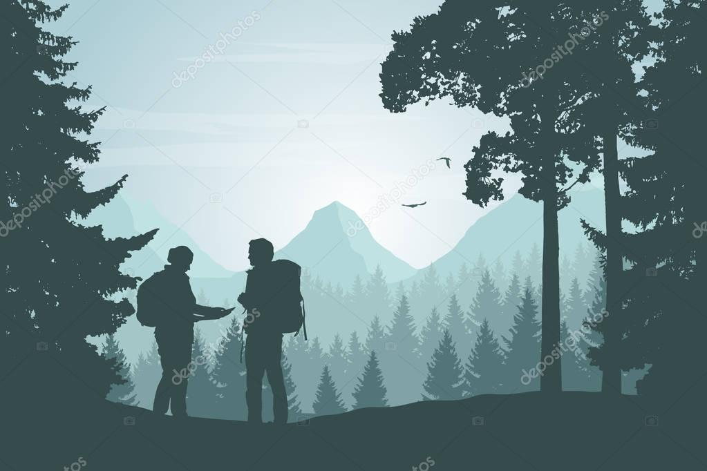 Two tourists walking through a mountain landscape with a forest looking for a path in the map under a winter sky with dawn - vector