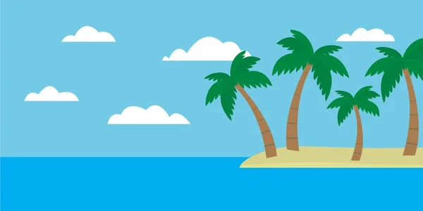 Κινούμενα σχέδια πολύχρωμη θέα του τροπικό νησί με παραλία και φοίνικες στη μέση του μπλε της θάλασσας κάτω από καθαρό ουρανό με σύννεφα καλοκαιρινή μέρα, κατάλληλο για κάρτα διακοπών - διάνυσμα — Διανυσματικό Αρχείο