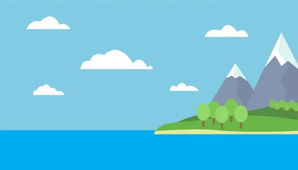 Cartoon-Ansicht einer Insel im Meer mit grünen Hügeln, Bäumen und grauen Bergen mit Gipfeln unter Schnee unter blauem Tageshimmel mit Wolken mit geradem Horizont - Vektor — Stockvektor
