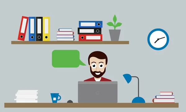 Ilustración vectorial de oficina con reloj, carpetas y flores en estante y hombre sentado en el escritorio con computadora portátil, ratón, té y lámpara — Archivo Imágenes Vectoriales