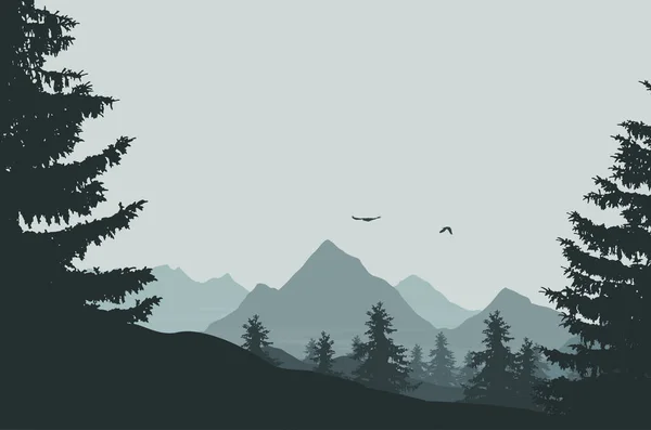 Ilustração retrô vetorial de paisagem montanhosa com floresta sob céu cinza com nuvens e pássaros voadores — Vetor de Stock
