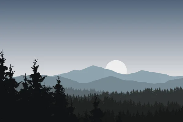 Ilustración vectorial del paisaje montañoso con bosque bajo cielo gris con nubes y sol naciente — Vector de stock