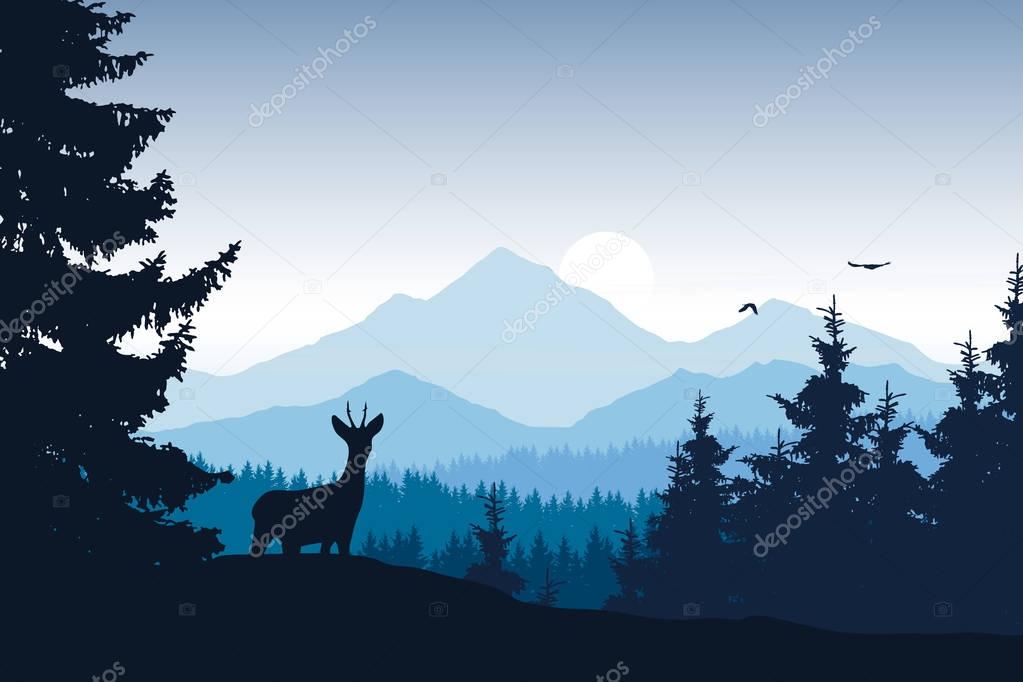 Realistic vector illustration of mountain landscape with forest, deer and eagle