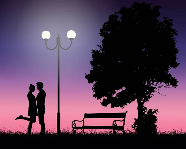 Dos amantes jóvenes abrazando bajo un árbol y una lámpara brillante con cielo rosa, adecuado como tarjeta para el día de San Valentín - vector — Vector de stock