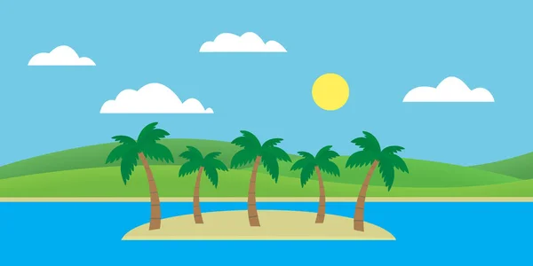 Tropikalna wyspa na morzu, piaszczysta plaża i palmy drzew pod błękitne niebo chmury i słońce - vector, Płaska konstrukcja — Wektor stockowy