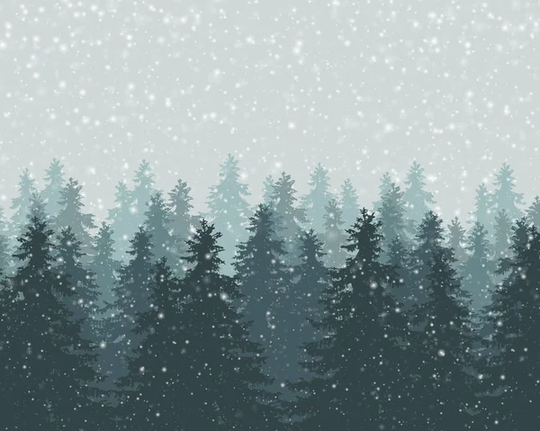 Vector illustration of winter forest with falling snowflakes and gray sky — Stock Vector