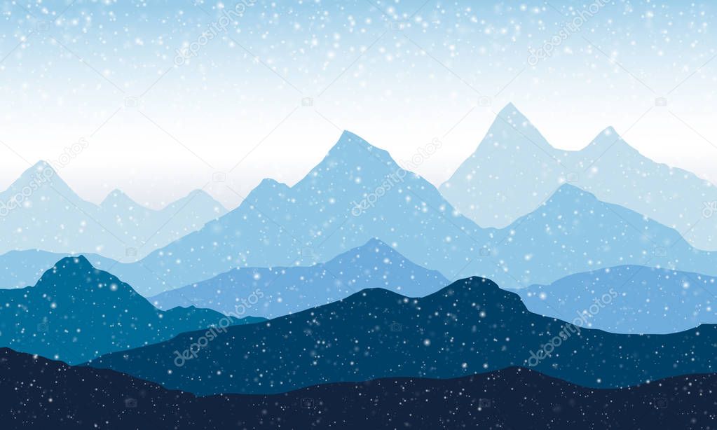 panoramic view of the mountain landscape with fog in the valley below with the snowfall - vector