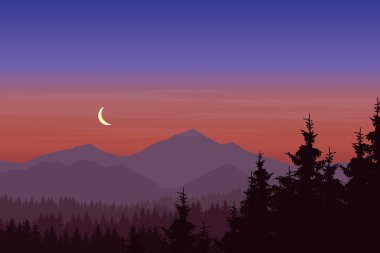 Dağ manzarası ile orman Hilal ile mavi-pembe gökyüzü altında vektör çizim