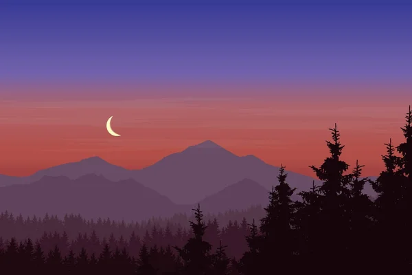 Vektorillustration der Berglandschaft mit Wald unter blaurosa Himmel mit Halbmond — Stockvektor