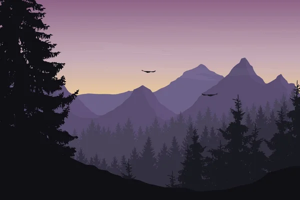 Ilustração vetorial de paisagem montanhosa com floresta e pássaros voadores sob céu nublado com amanhecer — Vetor de Stock