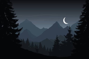 Dağ manzarası ile orman Hilal ile bulutlu gökyüzü altında vektör çizim