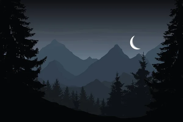 Ilustração vetorial de paisagem montanhosa com floresta sob céu noturno nublado com crescente — Vetor de Stock