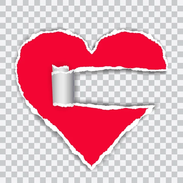 Papel rojo desgarrado vectorial, en forma de corazón con tira enrollada con espacio para texto — Vector de stock