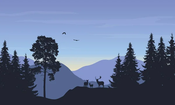 Ilustração vetorial realista da paisagem com floresta e veados — Vetor de Stock