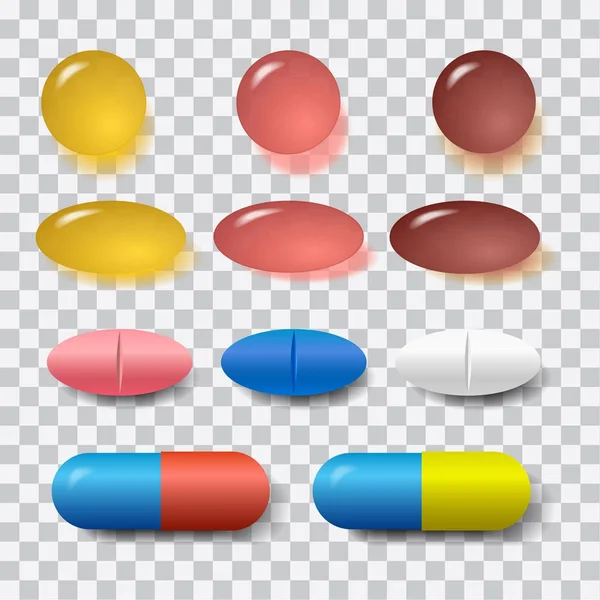 Set of various vector pills and tablets isolated on transparent background — Stock Vector