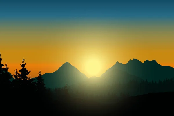 天空下有森林的山风景与升起的太阳 — 图库矢量图片