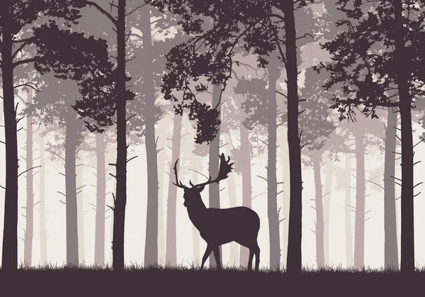 A retro coniferous forest with a silhouette of a deer — Stock Vector