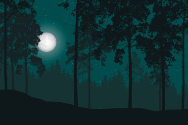 Bir gece manzara orman, ay ve yıldız ile vektör çizim