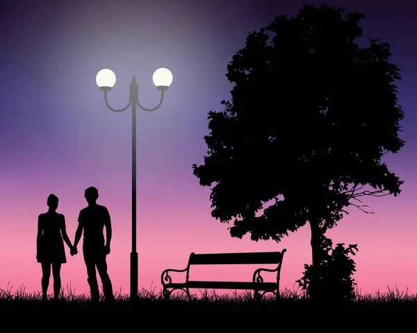 Two young lovers holding hands under tree and glowing lamp with pink sky Royalty Free Stock Vectors