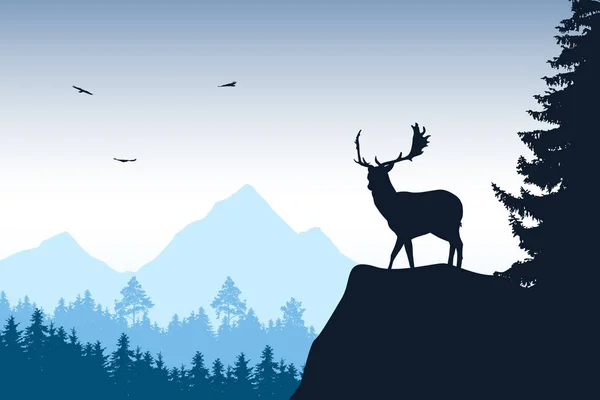 Deer with stags standing at the top of rock with mountains and forest in the background, under the sky with flying birds — Stock Vector