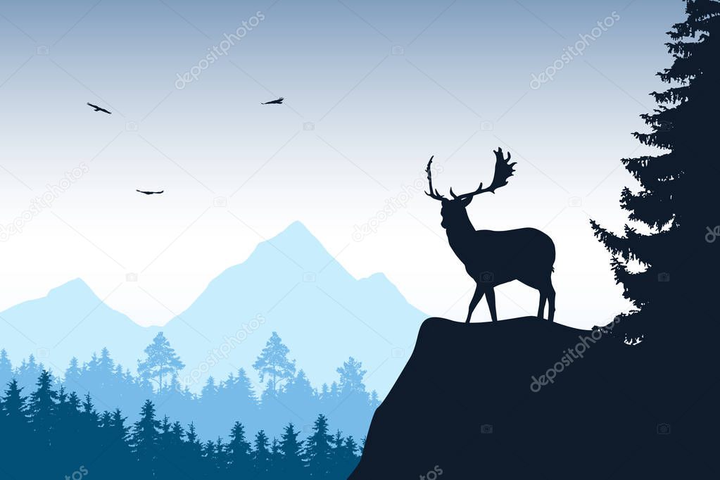 Deer with stags standing at the top of rock with mountains and forest in the background, under the sky with flying birds