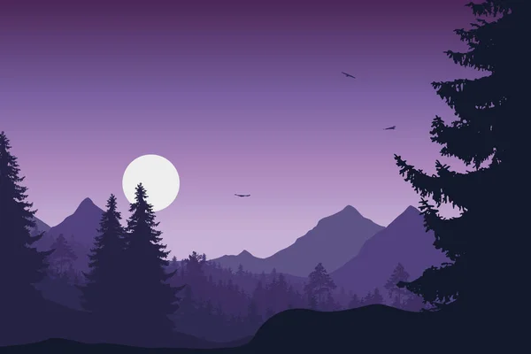 Berglandschaft mit Wald, unter violettem Himmel mit fliegenden Vögeln und Sonne oder Mond — Stockvektor