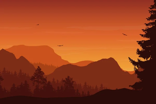Гірський пейзаж з лісом, під оранжевим небом — стоковий вектор