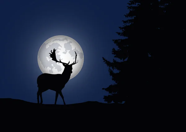 Veado na floresta com árvores de coníferas com lua e azul perto — Vetor de Stock