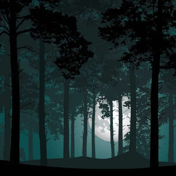 Illustrazione vettoriale di una foresta profonda di conifere sotto un cielo notturno con luna piena — Vettoriale Stock