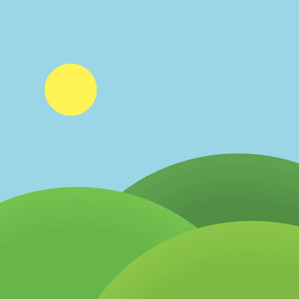 Disegno piatto illustrazione del paesaggio con prato e collina sotto il cielo blu con sole - vettore — Vettoriale Stock