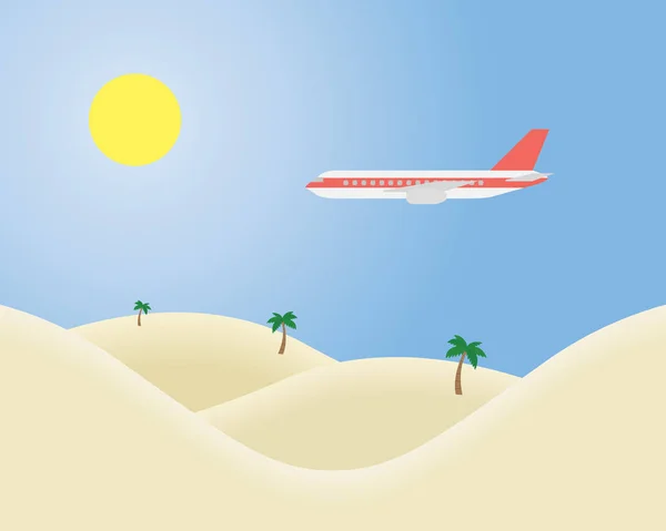 Αεροσκάφος πετώντας στο μπλε του ουρανού με τον ήλιο να λάμπει πάνω από ένα τροπικό τοπίο με άμμο και φοίνικες - διάνυσμα, κατάλληλο για διαφήμιση στις διακοπές — Διανυσματικό Αρχείο