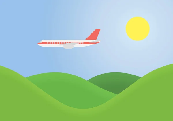 Paysage vert avec collines herbeuses et avion volant sur ciel bleu avec soleil - vecteur, adapté pour la publicité sur les vacances et les voyages — Image vectorielle