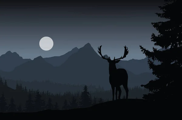 Herten in nacht landschap met bos en bergen onder donkere hemel — Stockvector