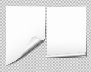 Set of white sheet of paper with bent corner, isolated on transparent background - vector clipart