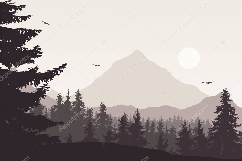 Mountain landscape with a forest under the sky with clouds and flying birds in retro colors - vector