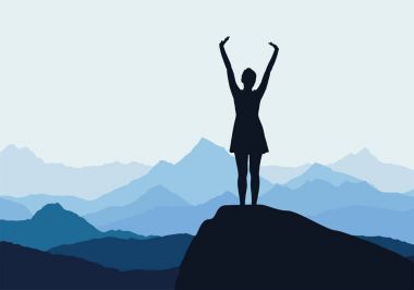 Young girl standing on rock and enjoying success in mountain landscape - vector clipart