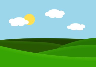 Manzara düz tasarlamak vektör çayır ve hill ile güneşin ve bulutların - mavi gökyüzü altında